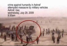 Des avocats irakiens : lattaque contre le camp d’Achraf est un crime contre l’humanité Véhicule militaire irakien fonçant sur les résidents d'Achraf dans l'intention de les tuer