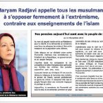 Maryam Radjavi appelle tous les musulmans a s’opposer fermement a l’extremisme,contraire aux enseignements de l’islam ( Le Figaro) Maryam Radjavi appelle tous les musulmans a s'opposer fermement a l'extremisme,contraire aux enseignements de l'islam ( Le Figaro)