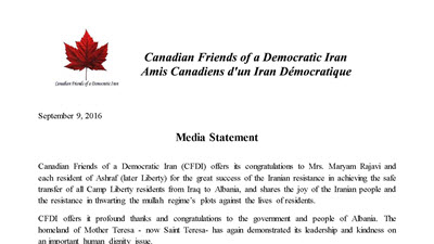Iran - Les législateurs canadiens saluent le transfert des membres de l’OMPI hors d’Irak