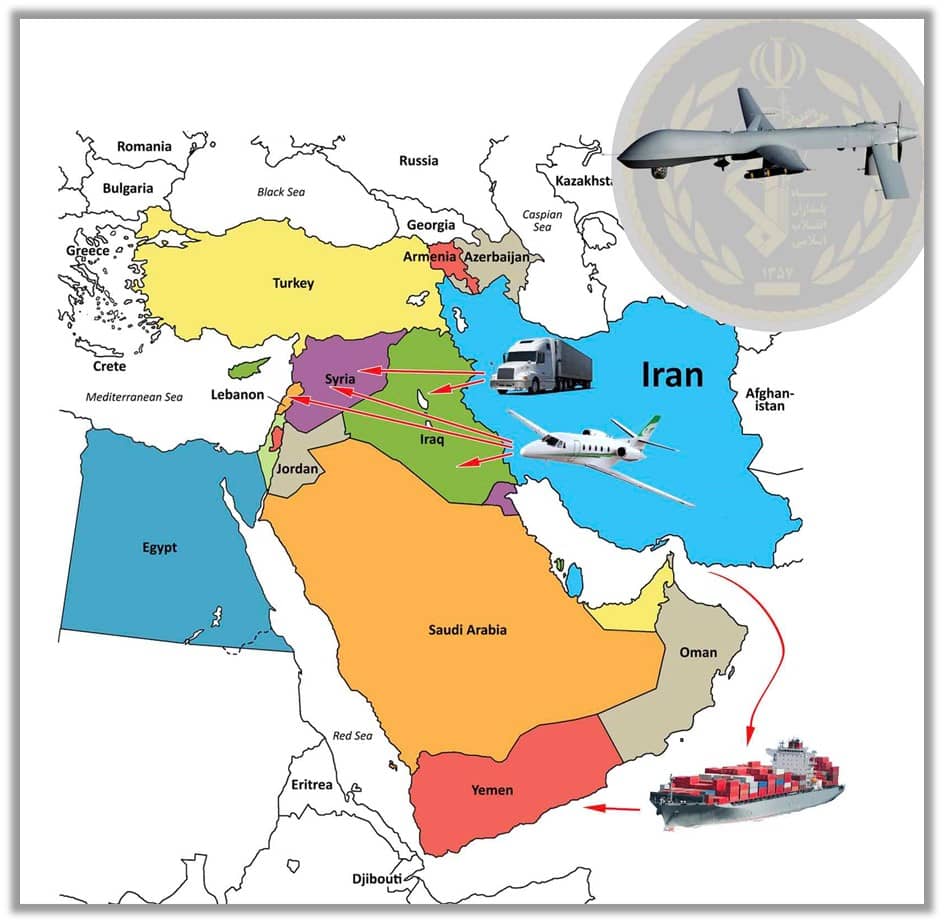 La force Qods utilise diverses voies (aériennes, terrestres et maritimes) pour envoyer des armes et des équipements, y compris des pièces de drones, à ses mandataires dans les pays de la région.