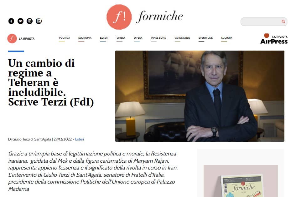 Le changement de régime à Téhéran est inévitable, sénateur Giulio Terzi