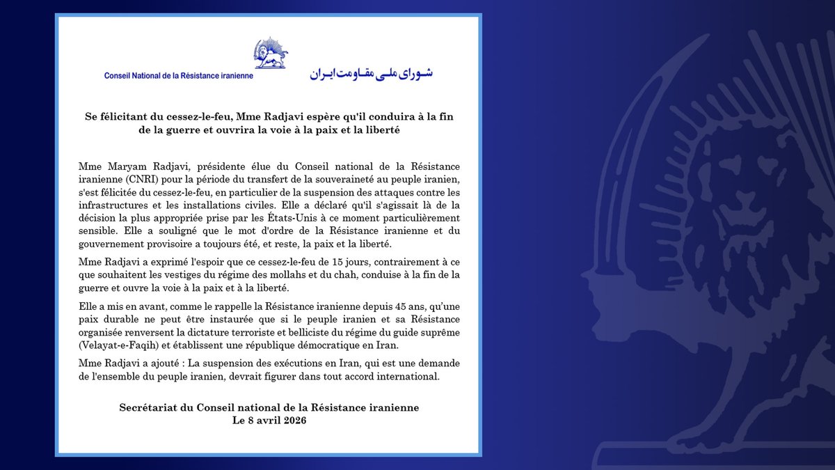 

Se félicitant du cessez-le-feu, Mme Radjavi espère qu'il conduira à la fin de la guerre et ouvrira la voie à la paix et la liberté
